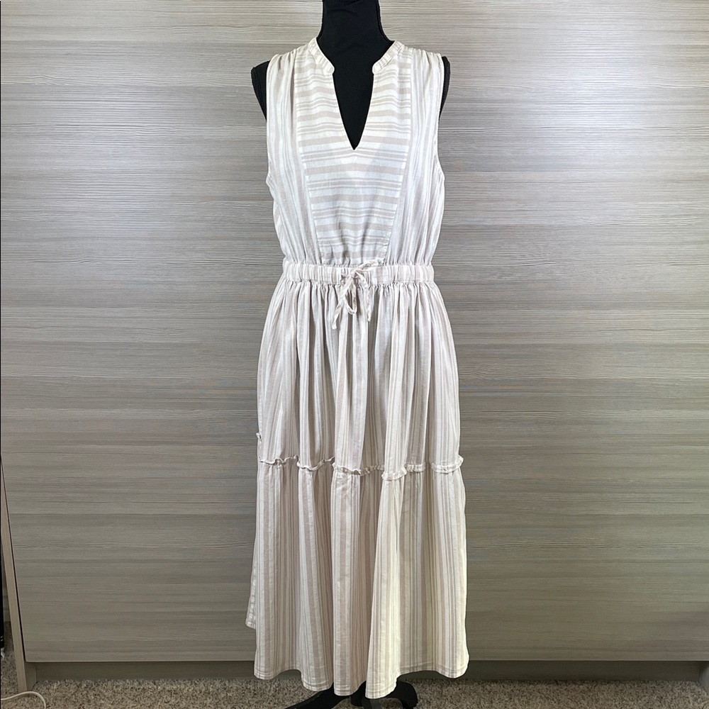Splendid Livia Linen Cotton Blend Cream and Fawn Striped Midi Dress Size Large